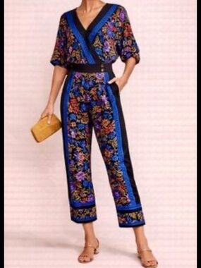 Anthropologie Black Floral Wrap-Style Women’s Jumpsuit with Blue & Purple